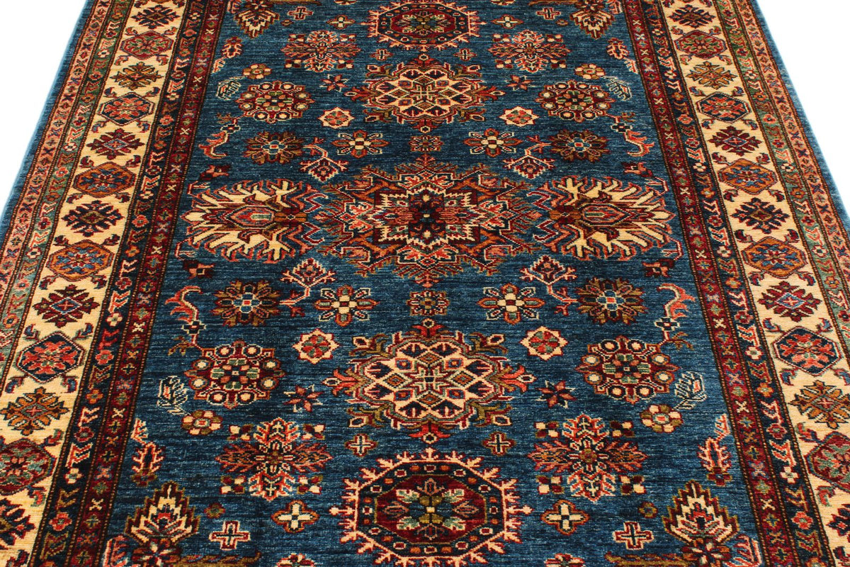 5x7 Blue and Ivory Kazak Tribal Rug
