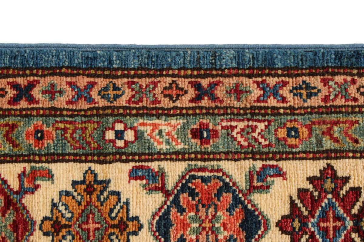 5x7 Blue and Ivory Kazak Tribal Rug
