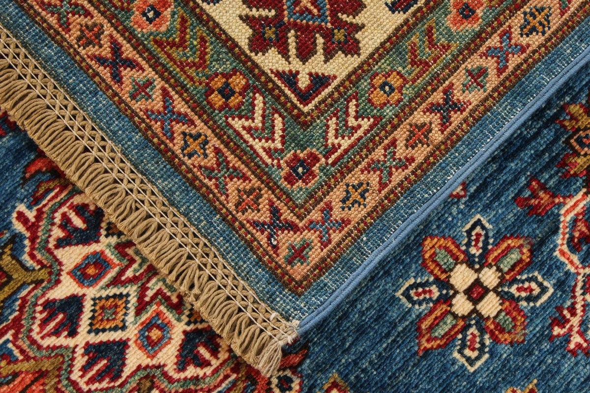 5x7 Blue and Ivory Kazak Tribal Rug