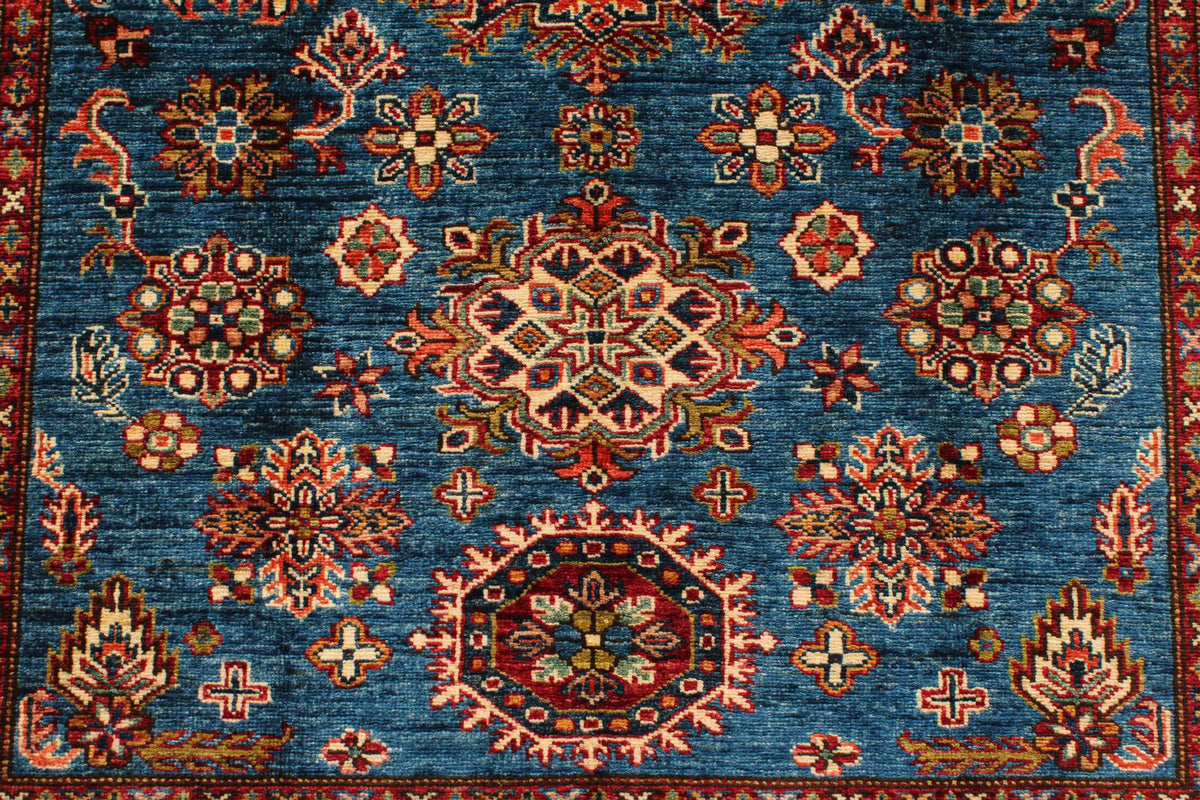 5x7 Blue and Ivory Kazak Tribal Rug