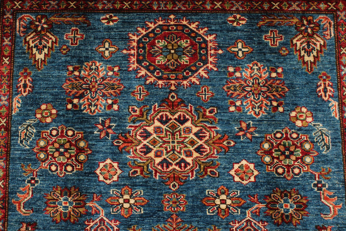 5x7 Blue and Ivory Kazak Tribal Rug