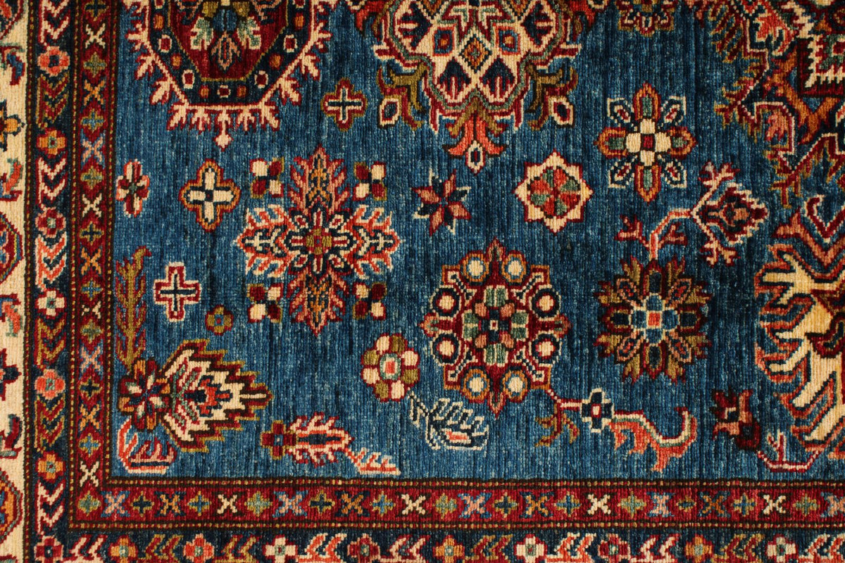 5x7 Blue and Ivory Kazak Tribal Rug