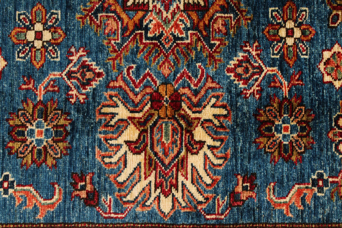 5x7 Blue and Ivory Kazak Tribal Rug