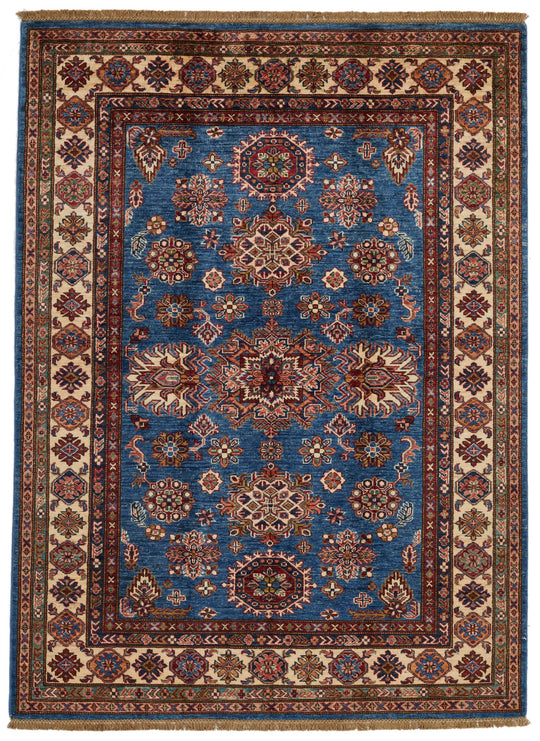 5x7 Blue and Ivory Kazak Tribal Rug