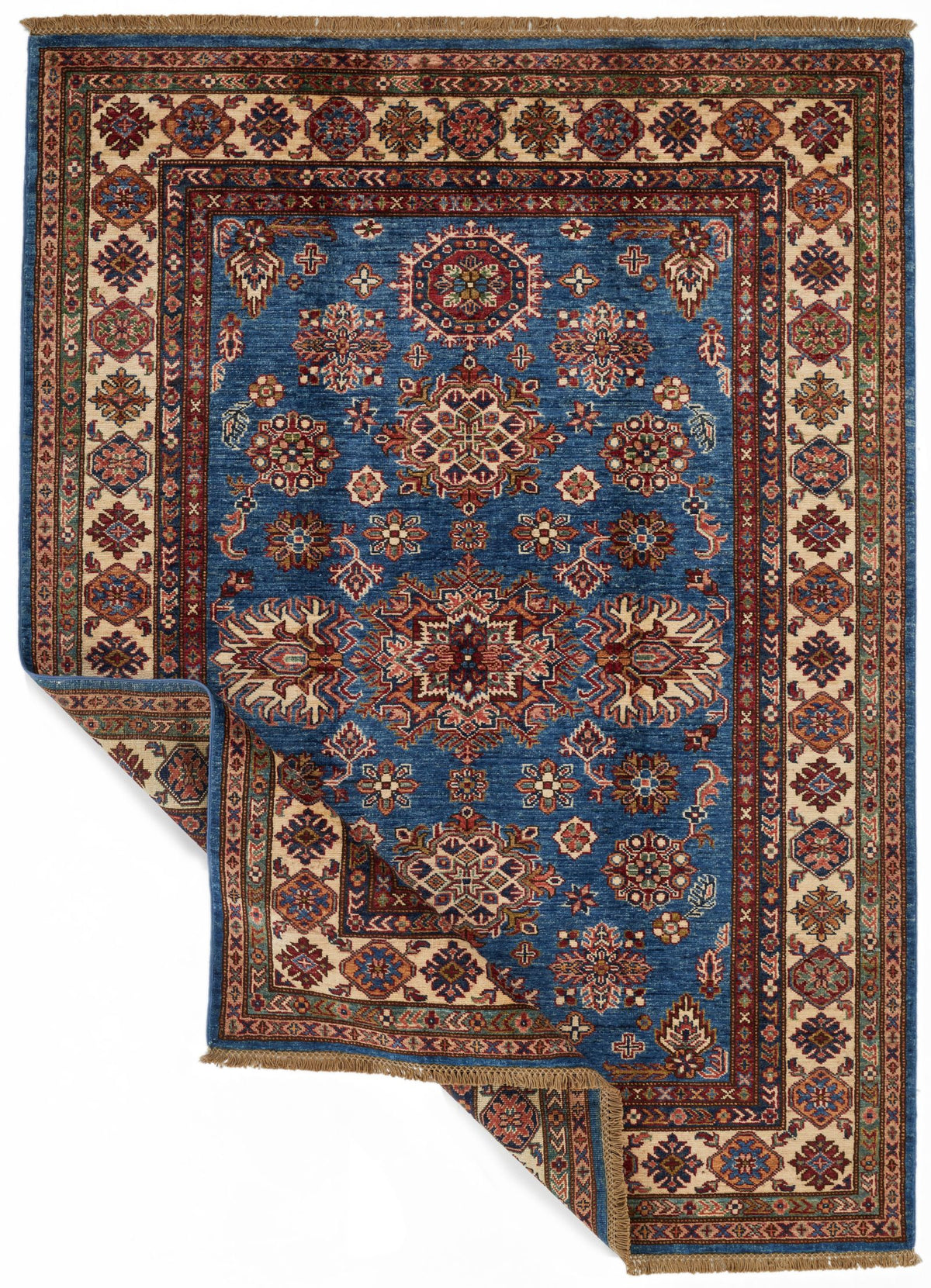 5x7 Blue and Ivory Kazak Tribal Rug