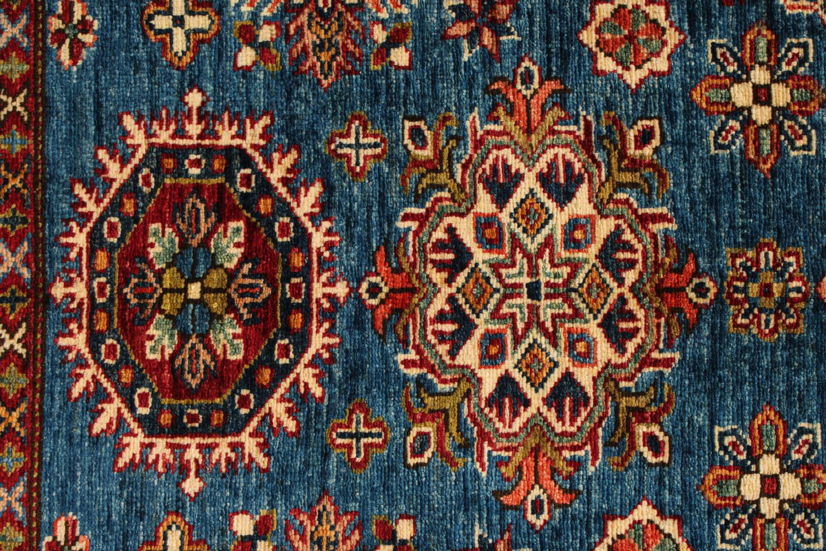 5x7 Blue and Ivory Kazak Tribal Rug