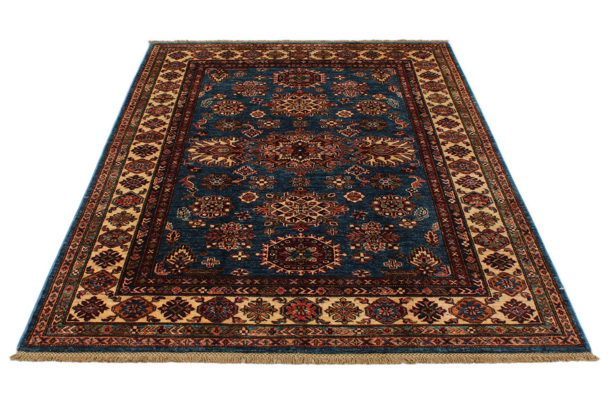 5x7 Blue and Ivory Kazak Tribal Rug
