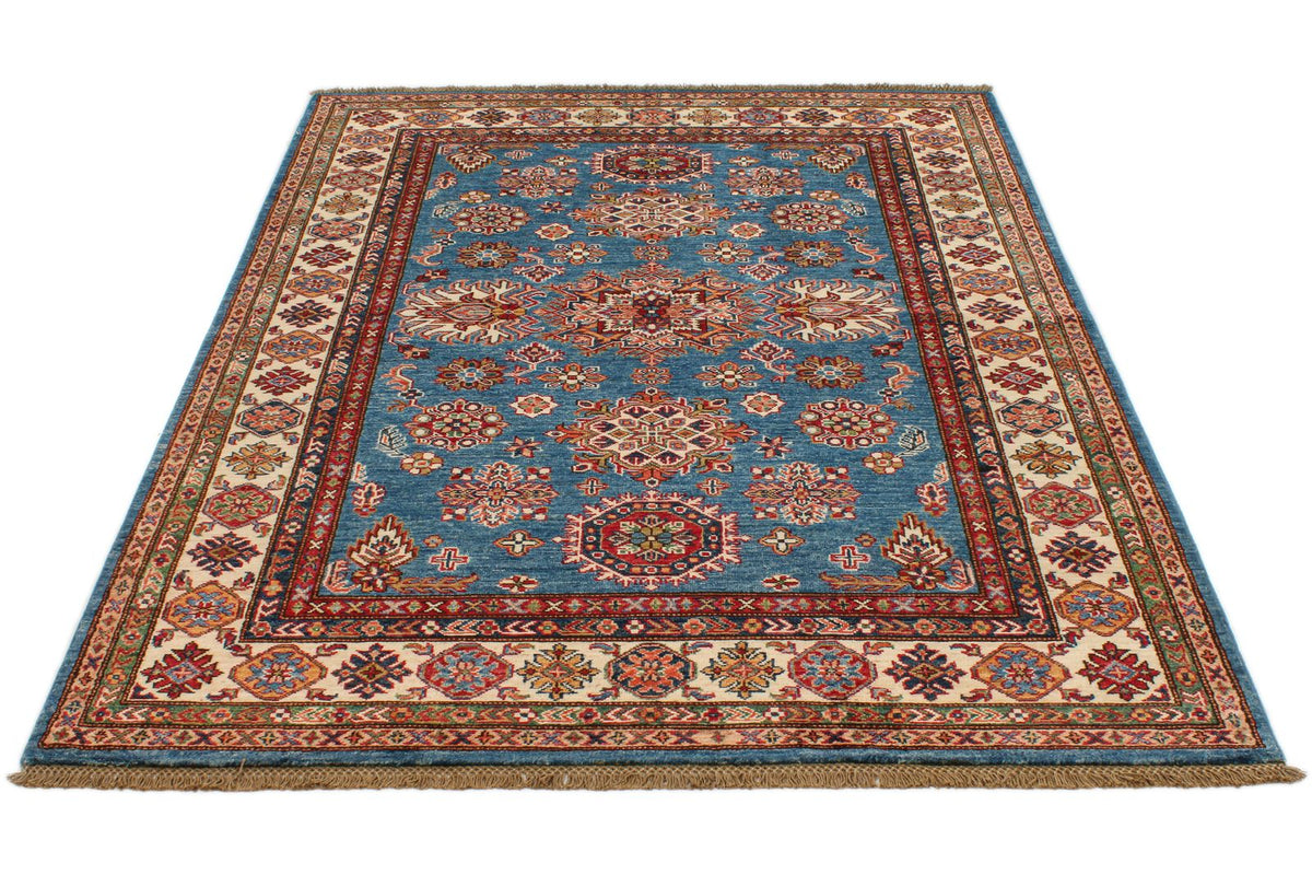 5x7 Blue and Ivory Kazak Tribal Rug