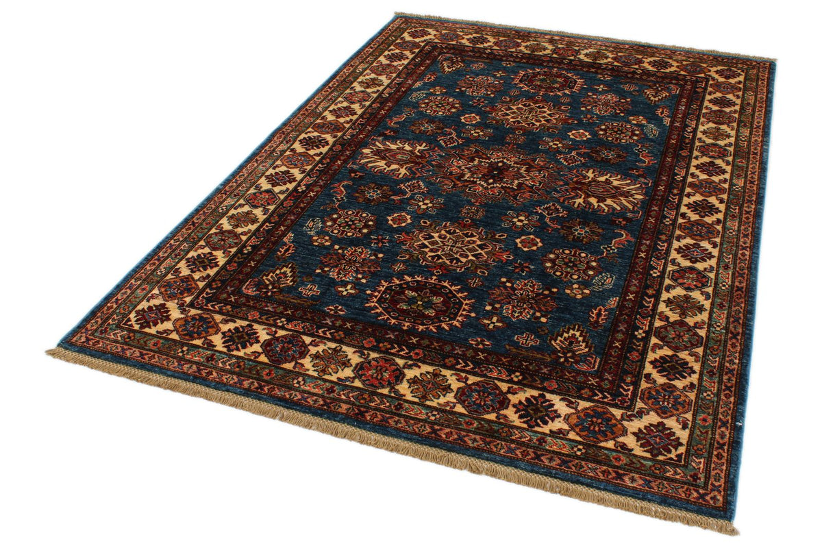 5x7 Blue and Ivory Kazak Tribal Rug