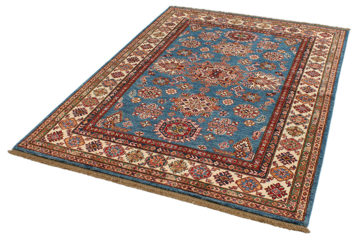 5x7 Blue and Ivory Kazak Tribal Rug