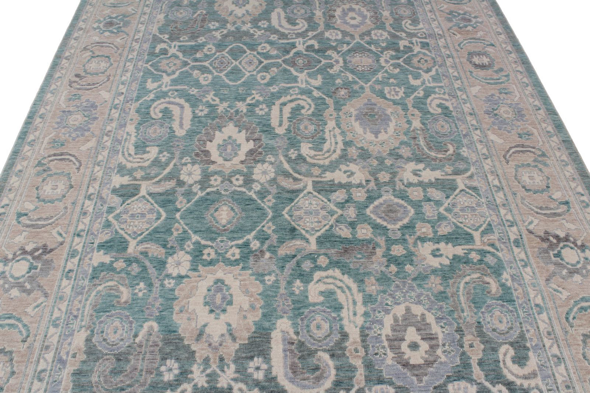 7x10 Light Green and Beige Turkish Traditional Rug