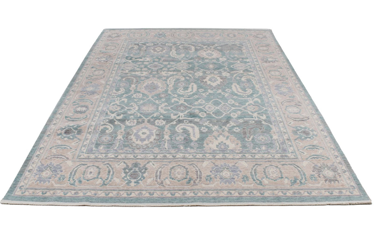 7x10 Light Green and Beige Turkish Traditional Rug