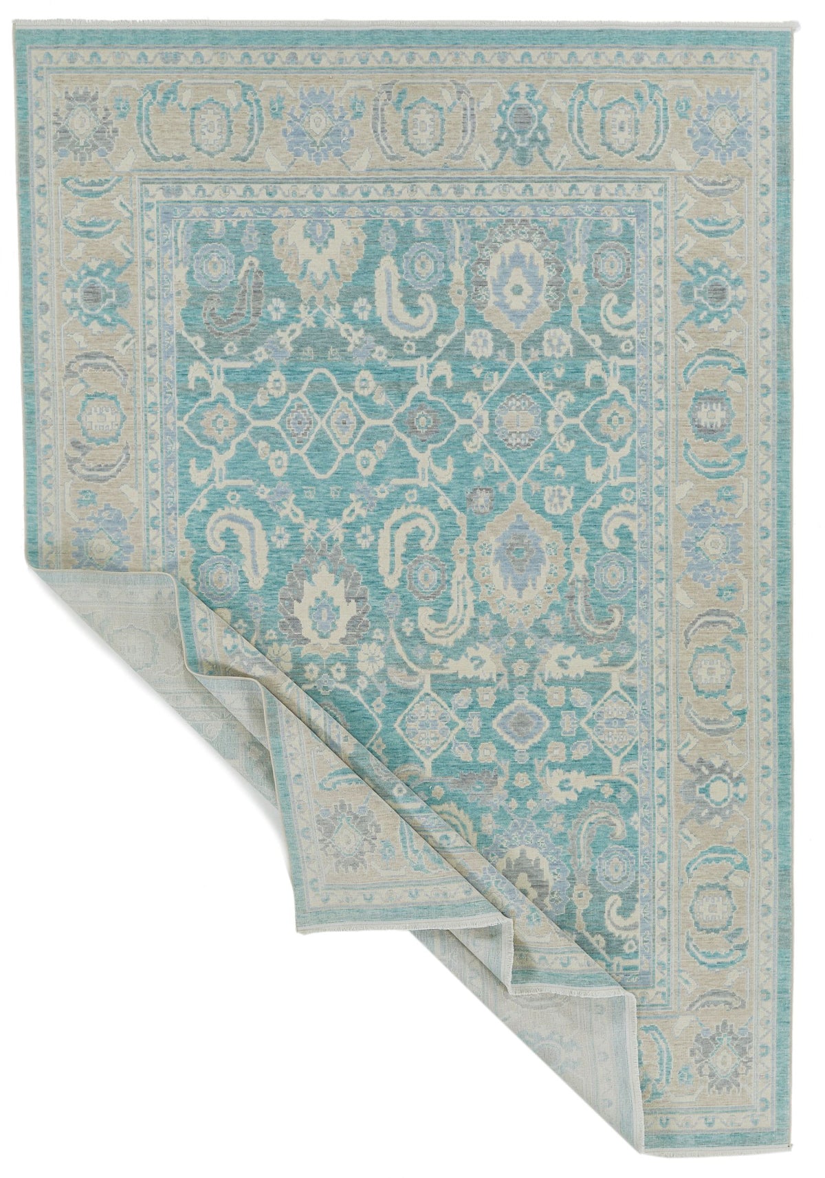 7x10 Light Green and Beige Turkish Traditional Rug