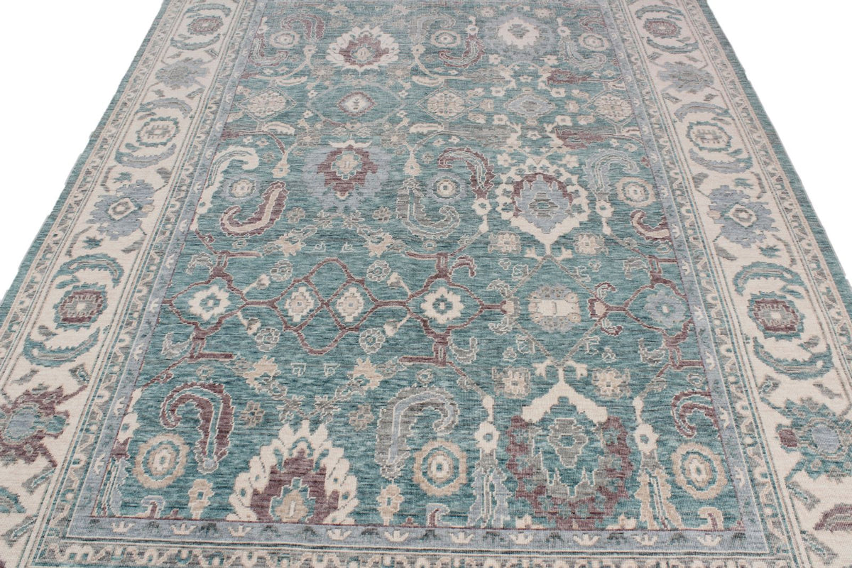 6x10 Green and Ivory Turkish Traditional Rug