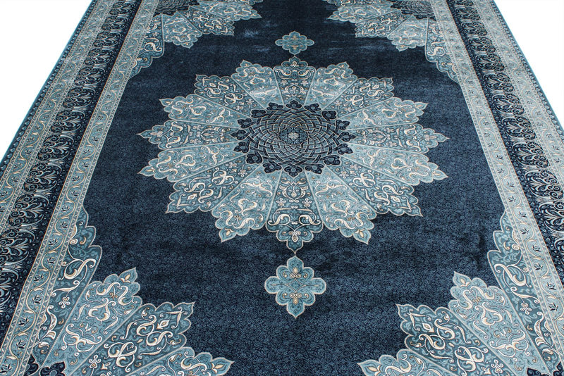 7x10 Blue and Ivory Turkish Antep Rugd