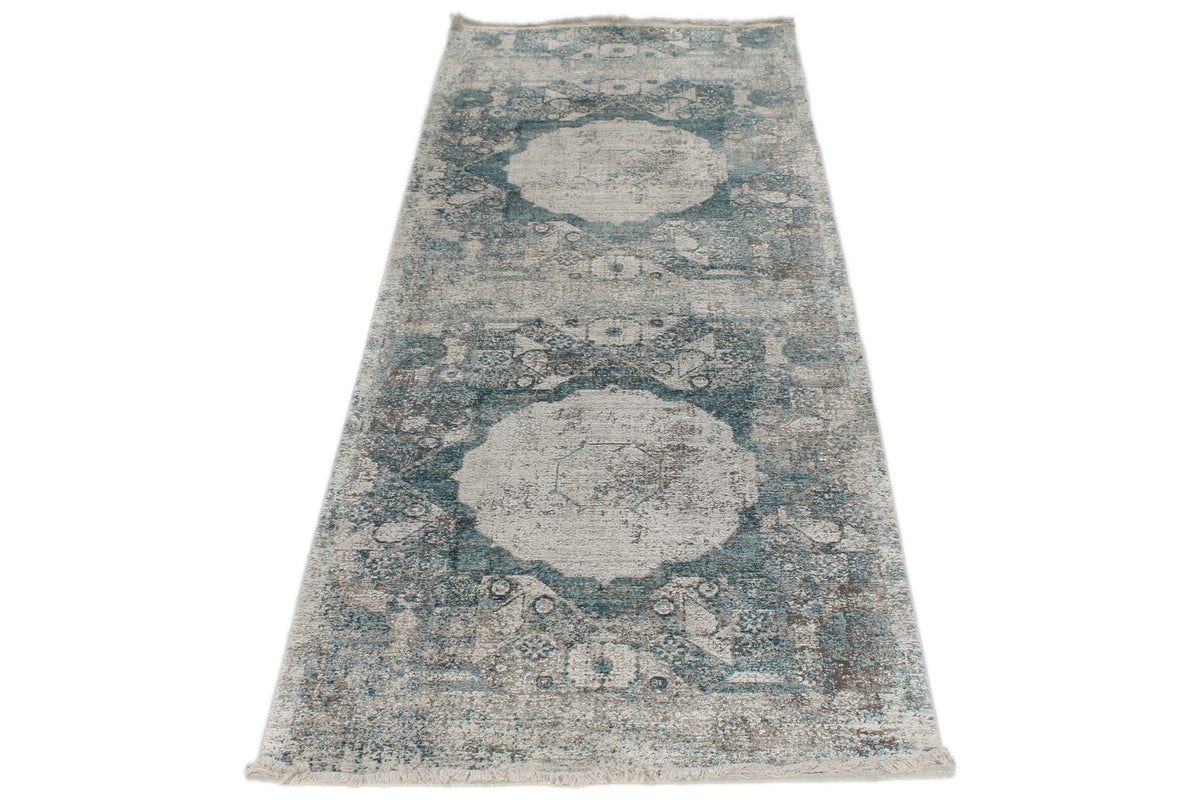 3x10 Light Blue and Ivory Turkish Antep Runner