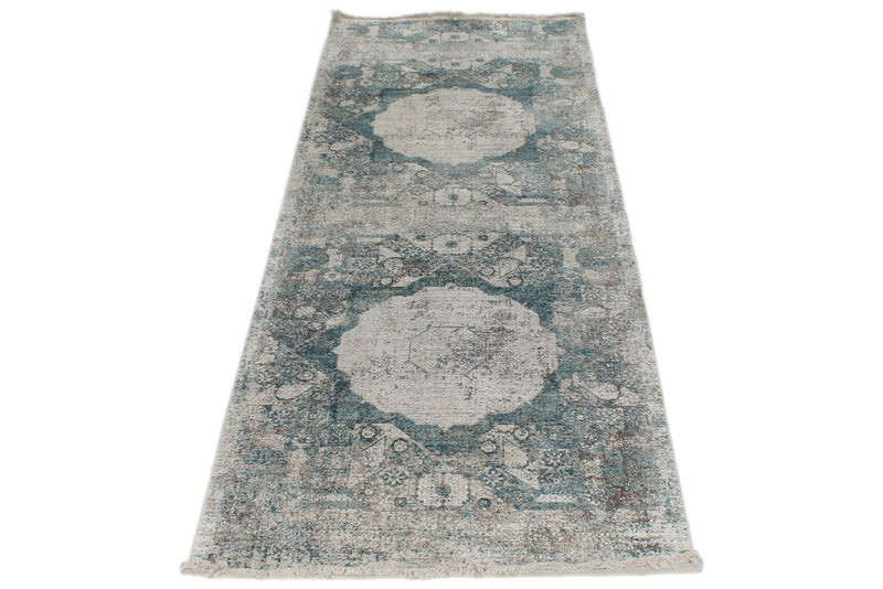 3x10 Light Blue and Ivory Turkish Antep Runner