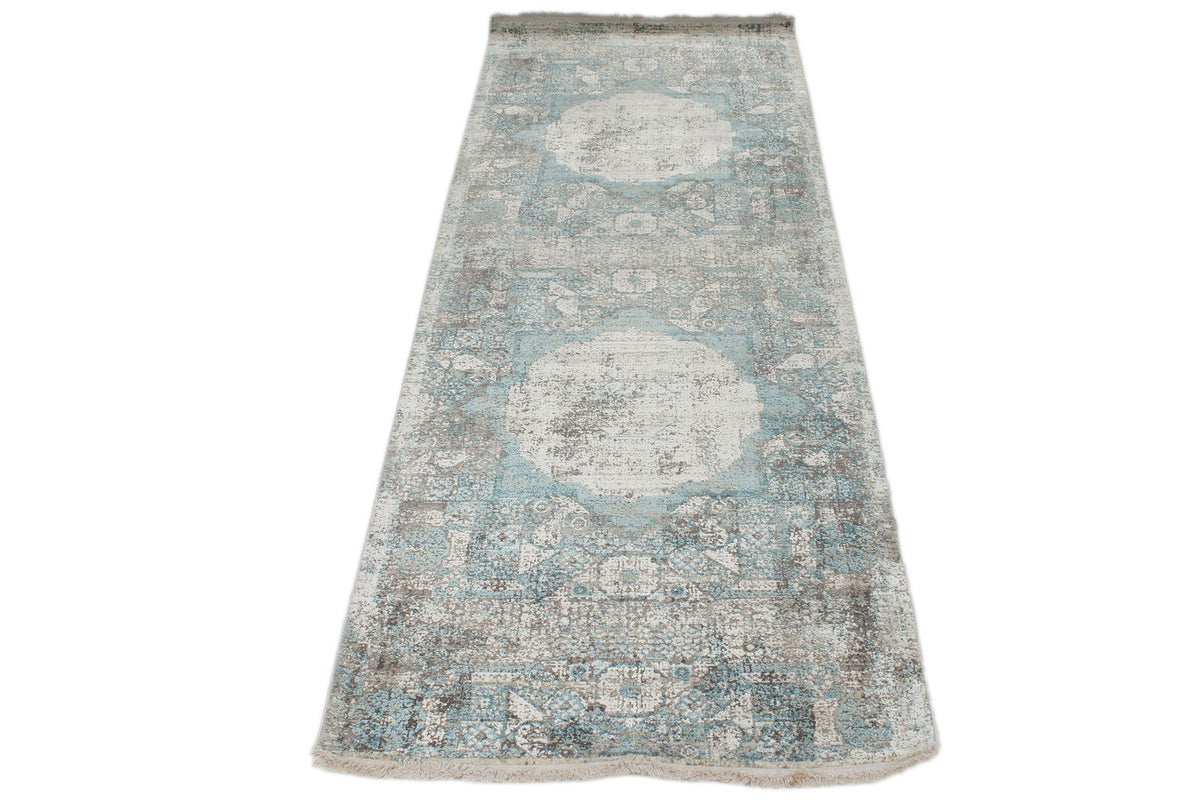 3x10 Light Blue and Ivory Turkish Antep Runner