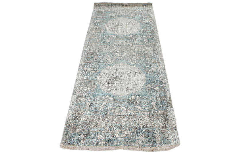 3x10 Light Blue and Ivory Turkish Antep Runner