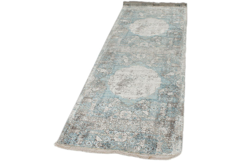 3x10 Light Blue and Ivory Turkish Antep Runner