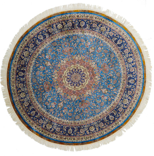 6x6 Blue and Navy Turkish Silk Rug