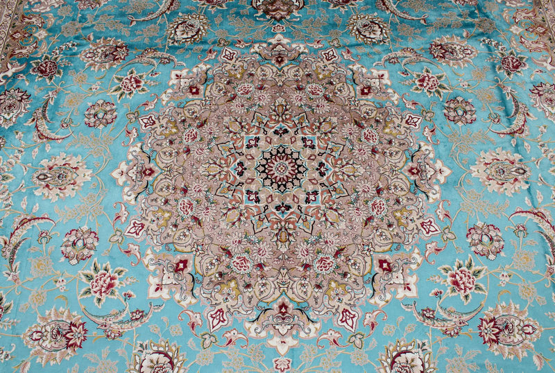 10x13 Blue and Ivory Turkish Silk Rug