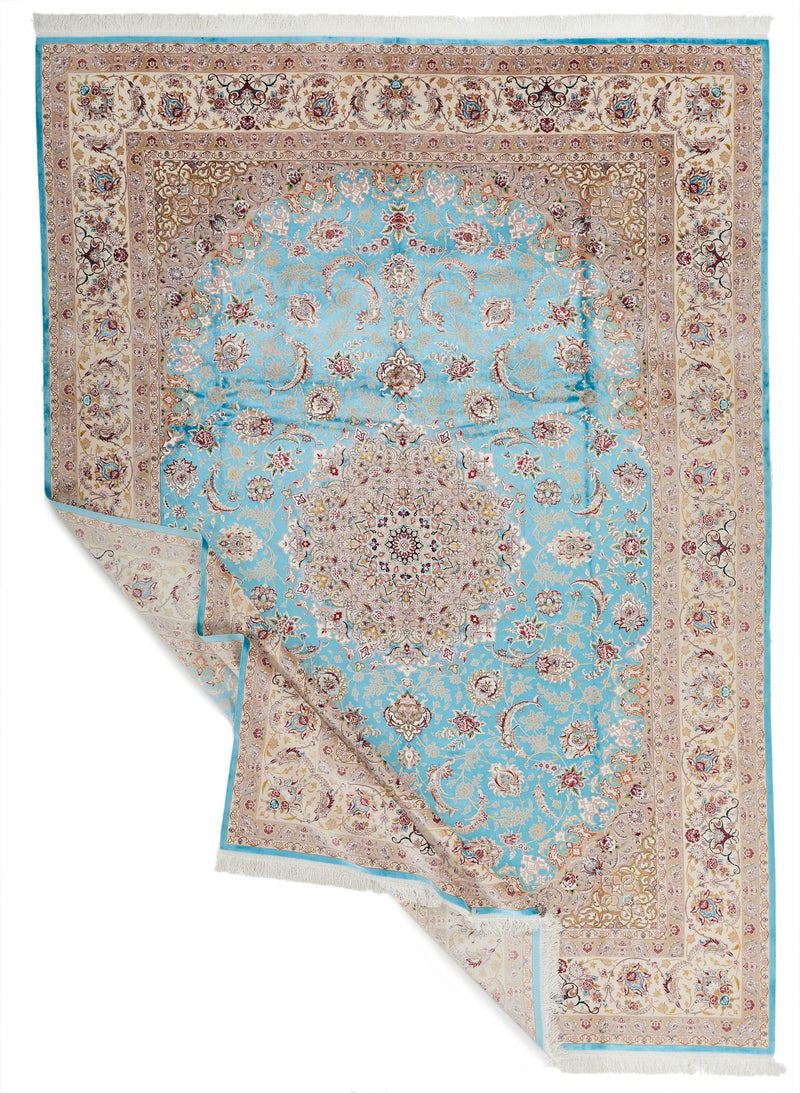 10x13 Blue and Ivory Turkish Silk Rug