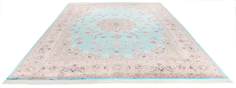 10x13 Blue and Ivory Turkish Silk Rug