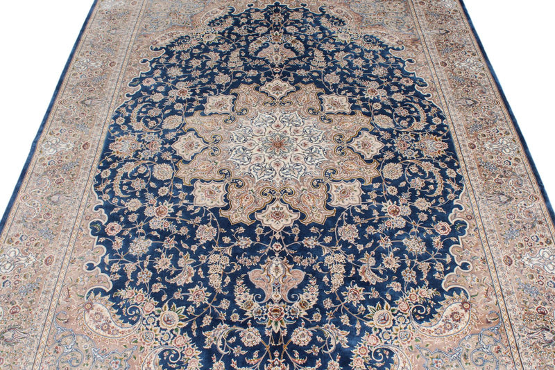 6x8 Blue and Beige Turkish Silk Rug