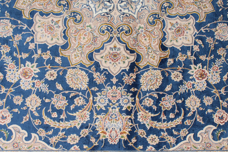 6x8 Blue and Beige Turkish Silk Rug