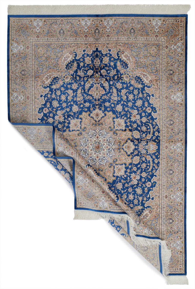 6x8 Blue and Beige Turkish Silk Rug