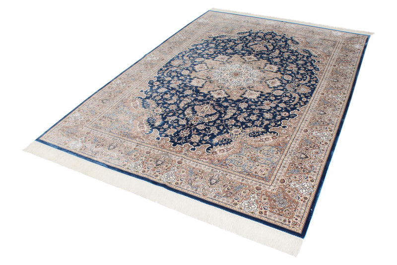 6x8 Blue and Beige Turkish Silk Rug