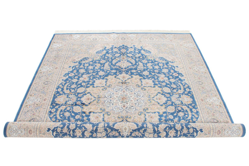 6x8 Blue and Beige Turkish Silk Rug