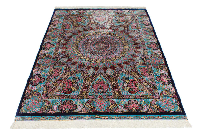 5x7 Navy and Light Blue Turkish Silk Rug