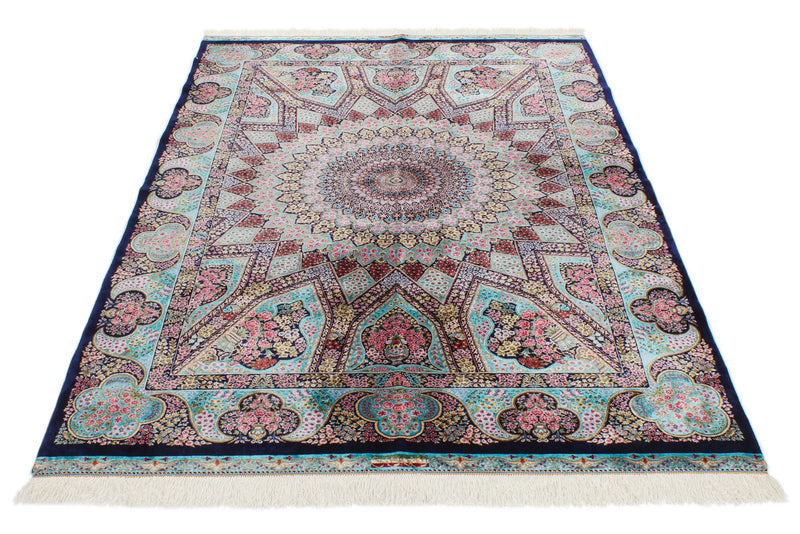 5x7 Navy and Light Blue Turkish Silk Rug