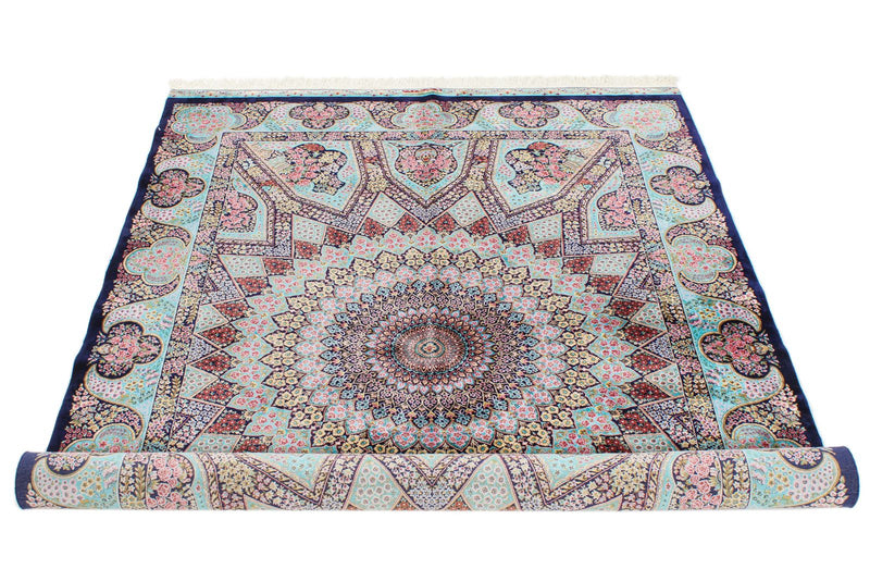 5x7 Navy and Light Blue Turkish Silk Rug