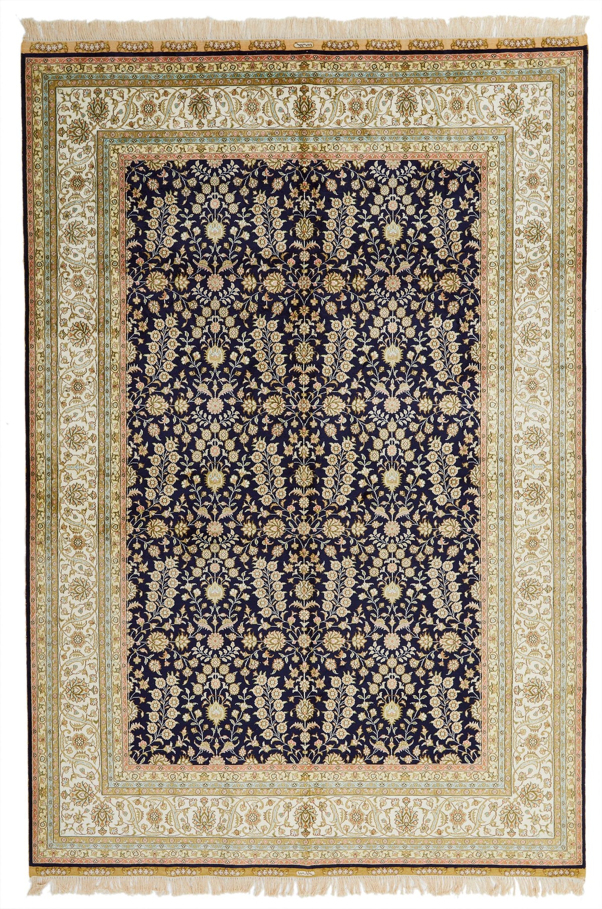 6x9 Navy and Ivory Turkish Silk Rug