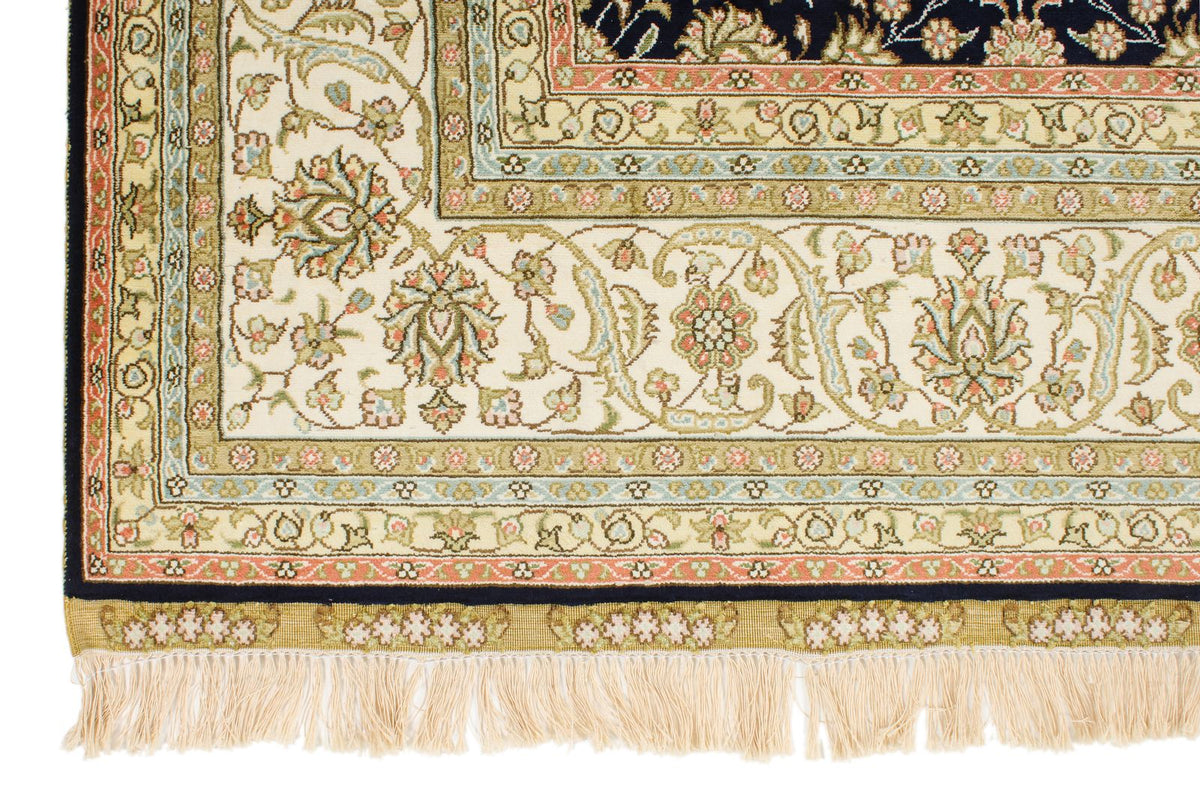 6x9 Navy and Ivory Turkish Silk Rug