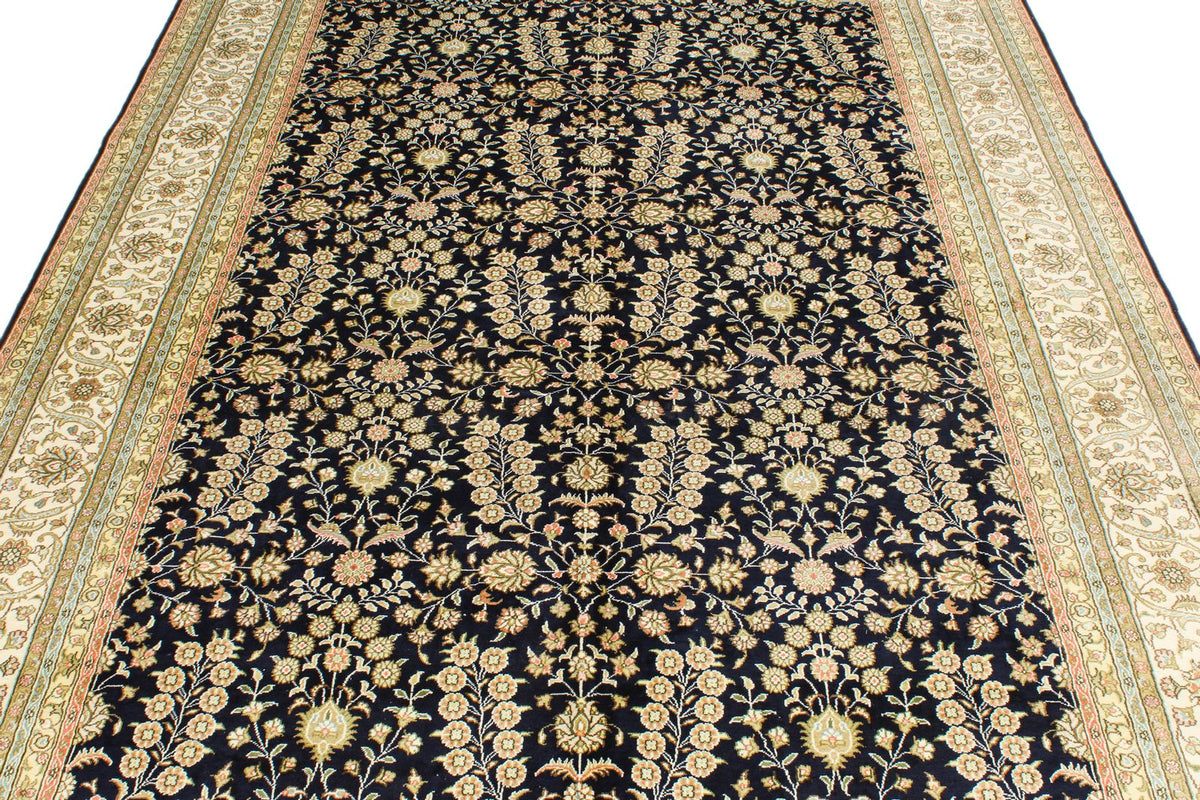 6x9 Navy and Ivory Turkish Silk Rug