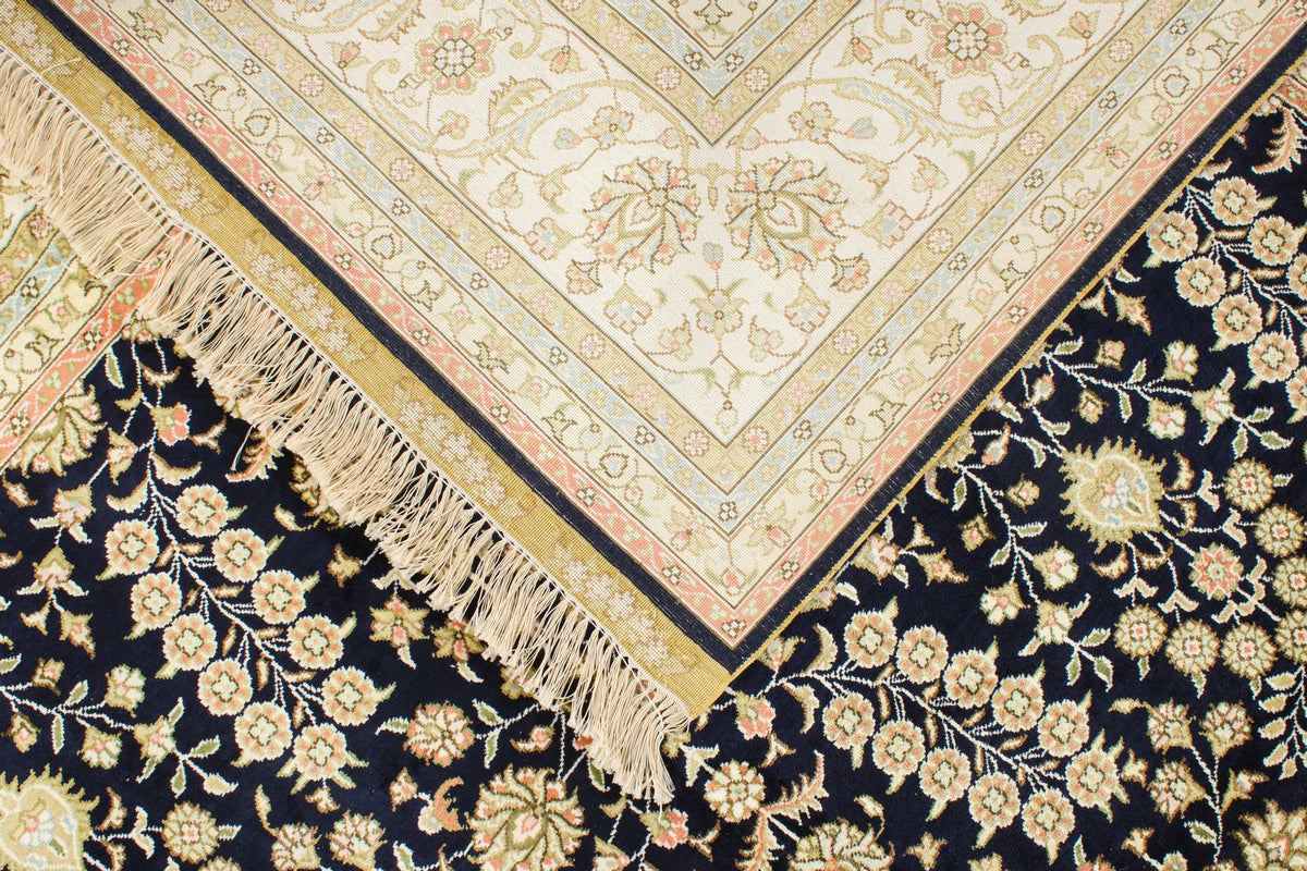 6x9 Navy and Ivory Turkish Silk Rug