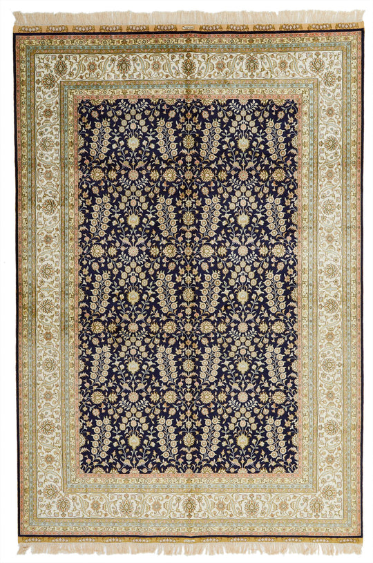 6x9 Navy and Ivory Turkish Silk Rug