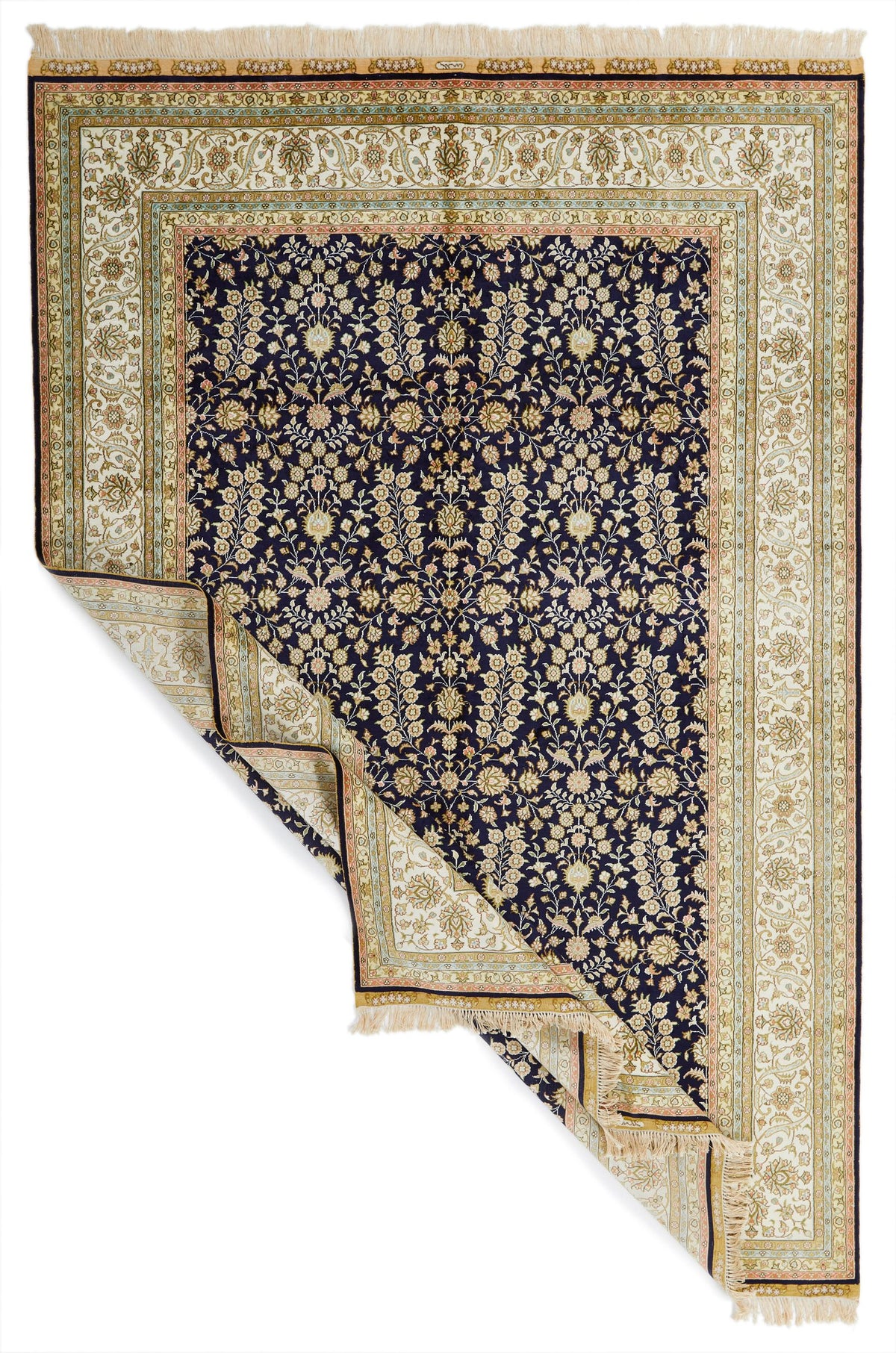 6x9 Navy and Ivory Turkish Silk Rug