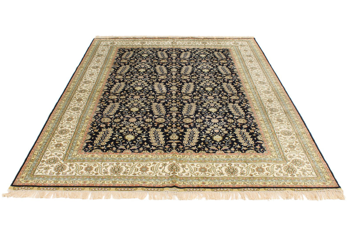 6x9 Navy and Ivory Turkish Silk Rug