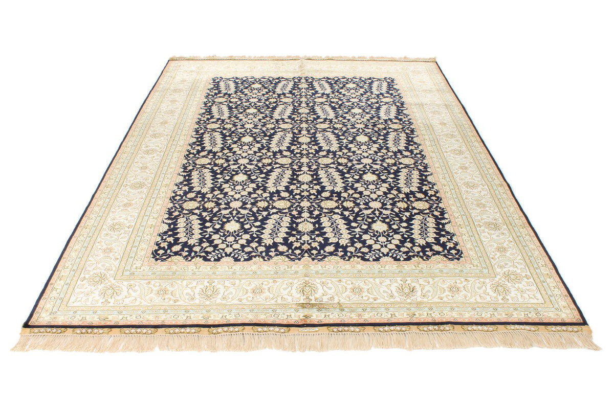 6x9 Navy and Ivory Turkish Silk Rug