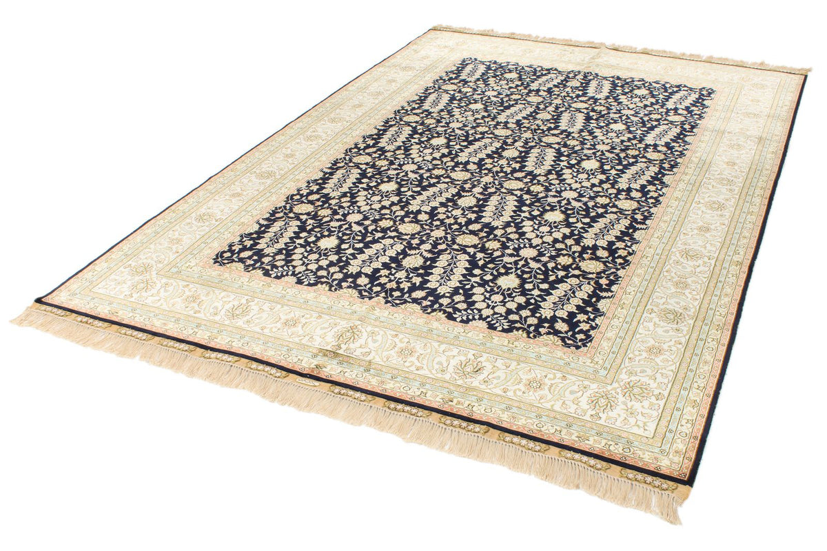 6x9 Navy and Ivory Turkish Silk Rug