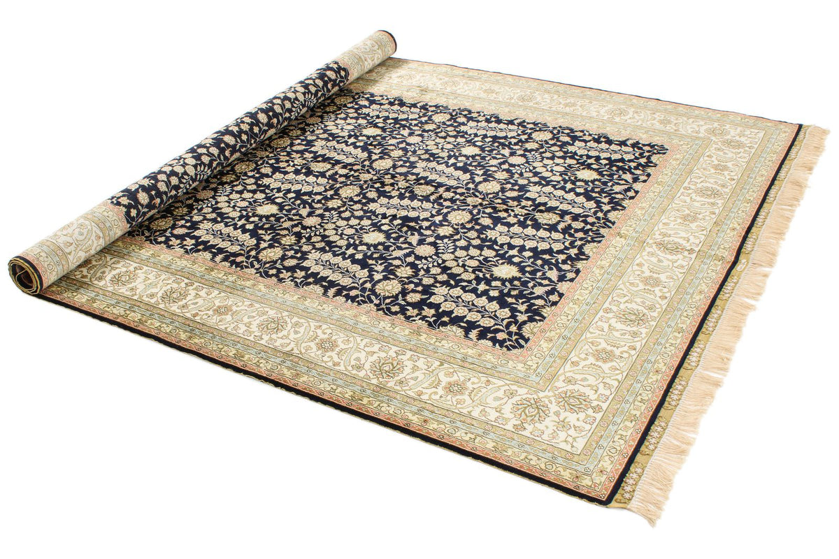 6x9 Navy and Ivory Turkish Silk Rug