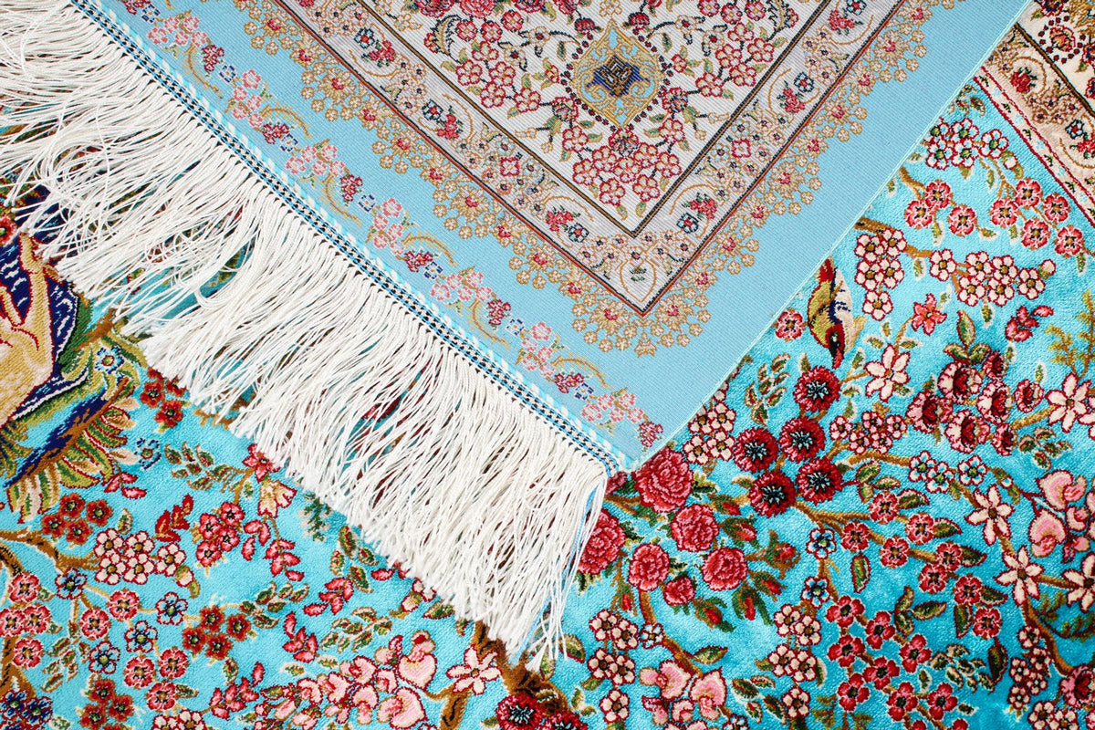 3x5 Blue and Ivory Turkish Silk Rug