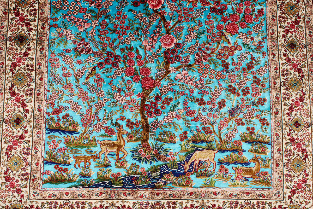 3x5 Blue and Ivory Turkish Silk Rug