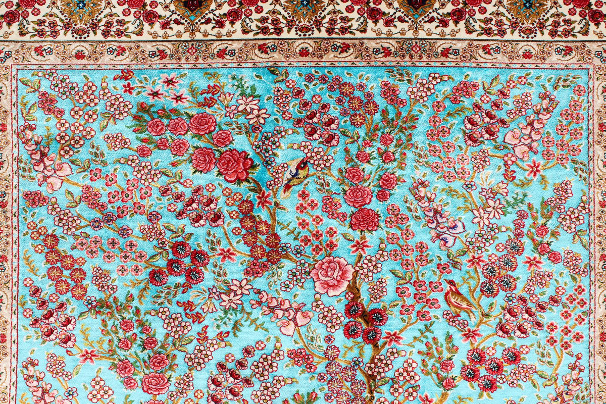 3x5 Blue and Ivory Turkish Silk Rug