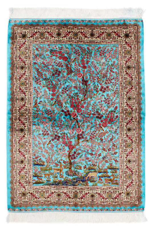 3x5 Blue and Ivory Turkish Silk Rug